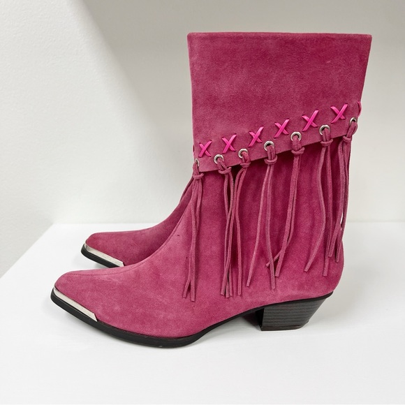 Oak Tree Farms Shoes - Oak Tree Farms Pink Suede Foldover Fringe Tassel Boots 8.5